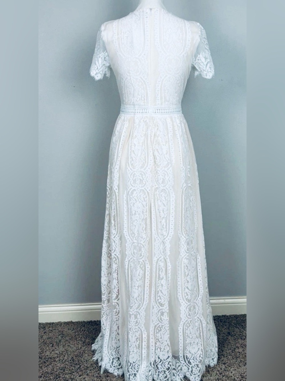 Eyelash Trim Lace Maxi Dress Small White Lined Wedding Bridal - Picture 2 of 3